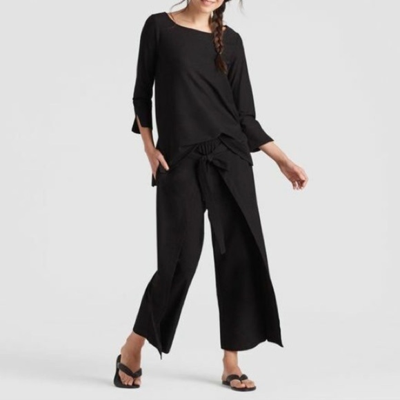 Eileen‎ Fisher Tie-Front Overlay Wide Leg Crop Pants, Black - Picture 2 of 5